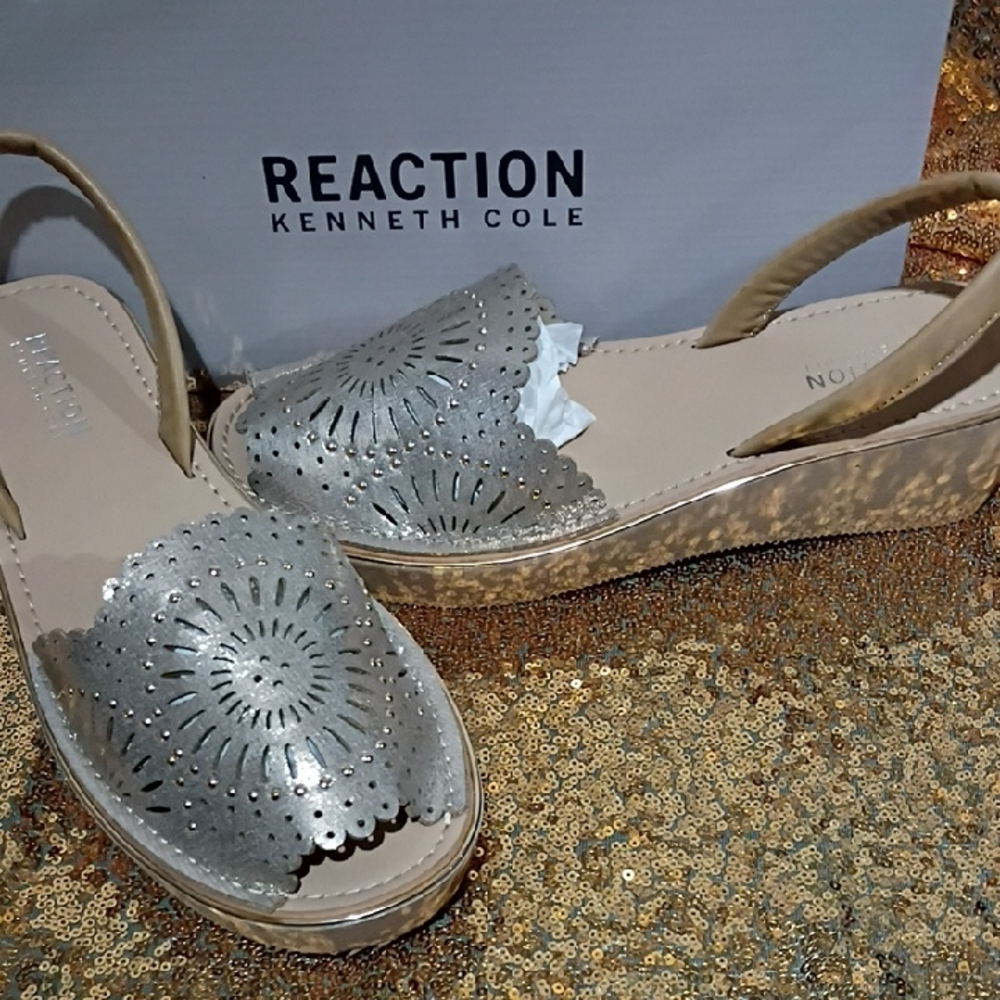Kenneth Cole Reaction Soft Gold Laser-Cut Wedge Sandals